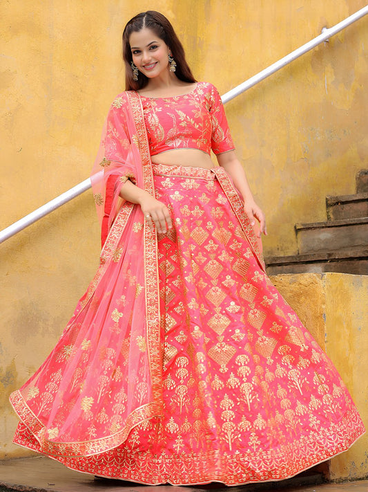 Peach Slub Silk Embroidered Work Lehenga Choli for Sangeet