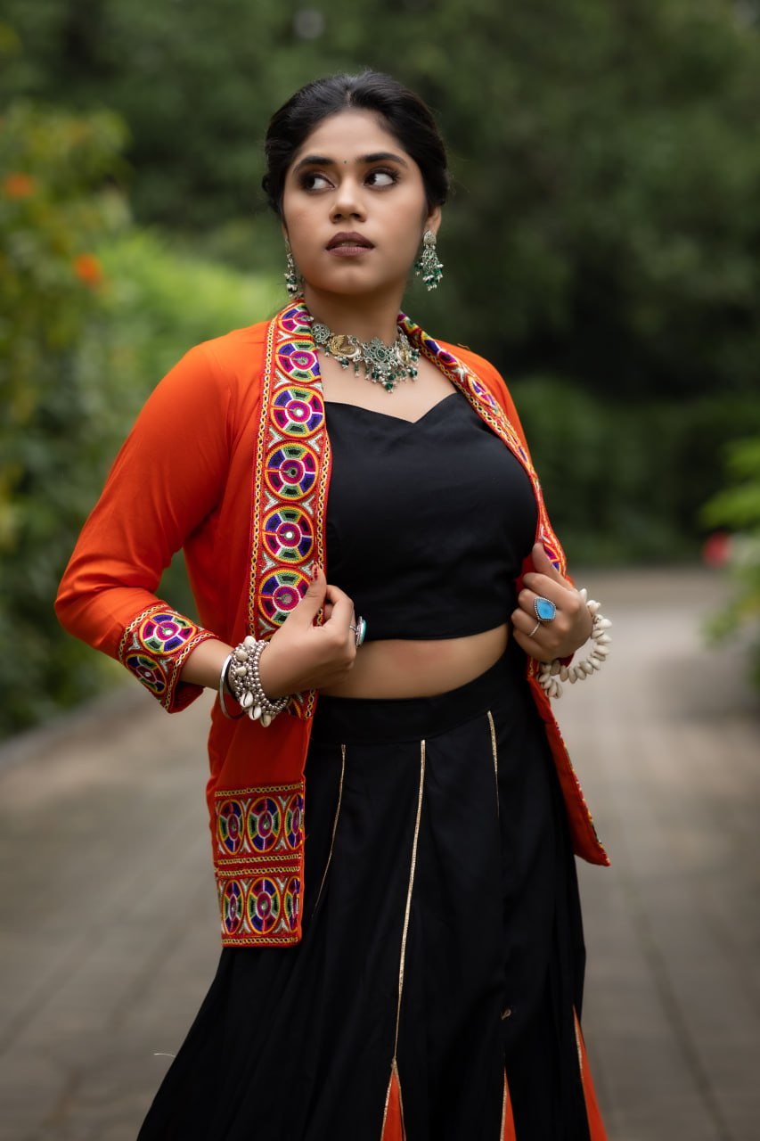Orange Color Rayon Cotton Lehenga Choli For Navratri