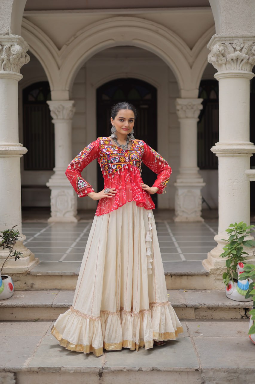 Red color kora cotton lehenga with top