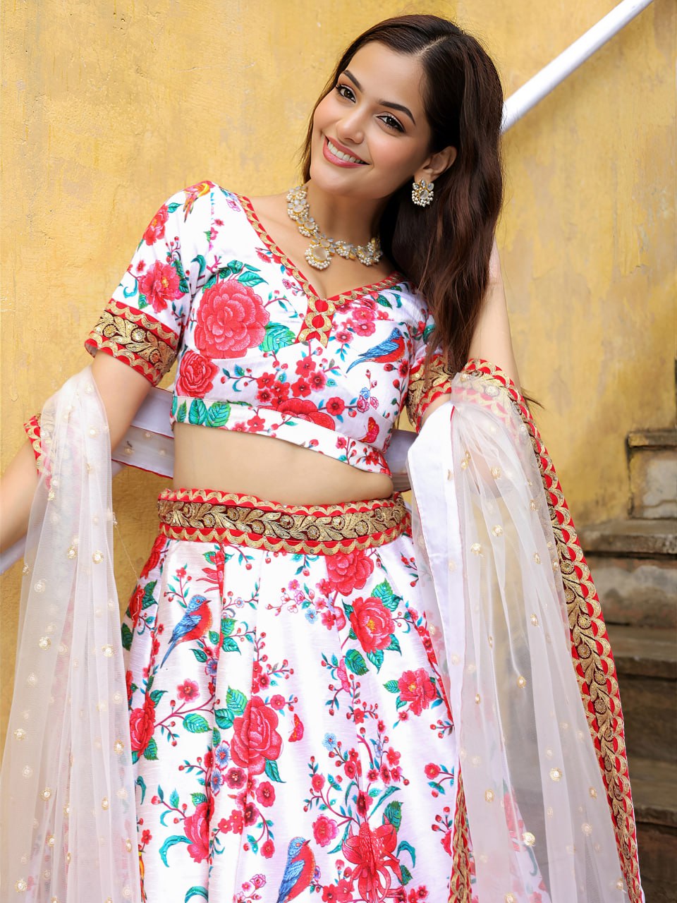 White Art Silk Printed Wedding Wear Lehenga Choli