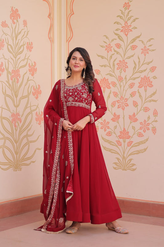 Red color beads work gown with dupatta in USA