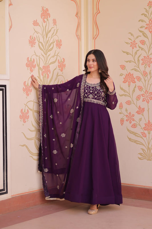 Purple embroidery work long gown with dupatta