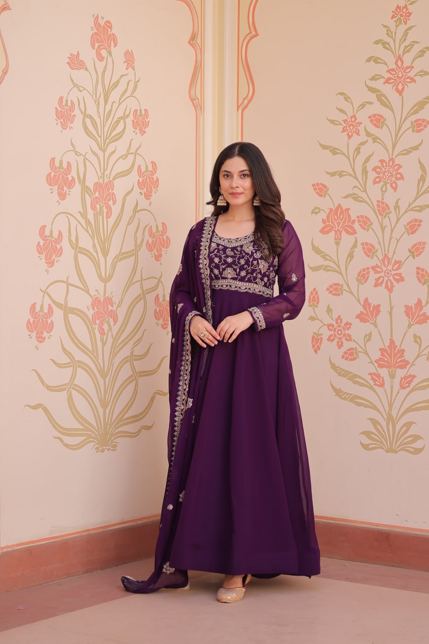 Purple faux blooming long gown for women