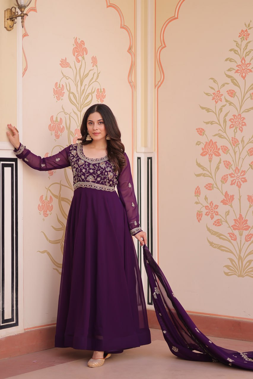 Purple beads work long gown with dupatta in USA
