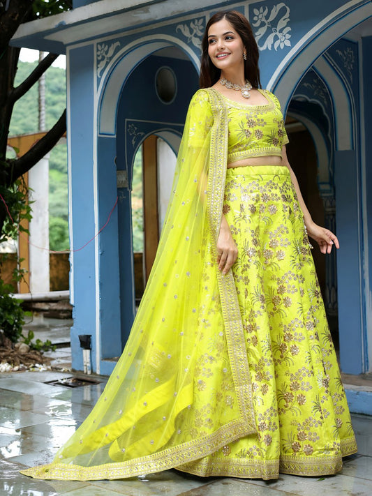 Neon Slub Silk Embroidered Sequins Lehenga Choli