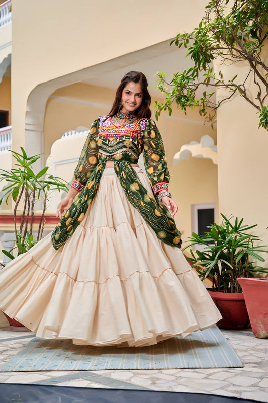 Green gamthi work lehenga with shrug
