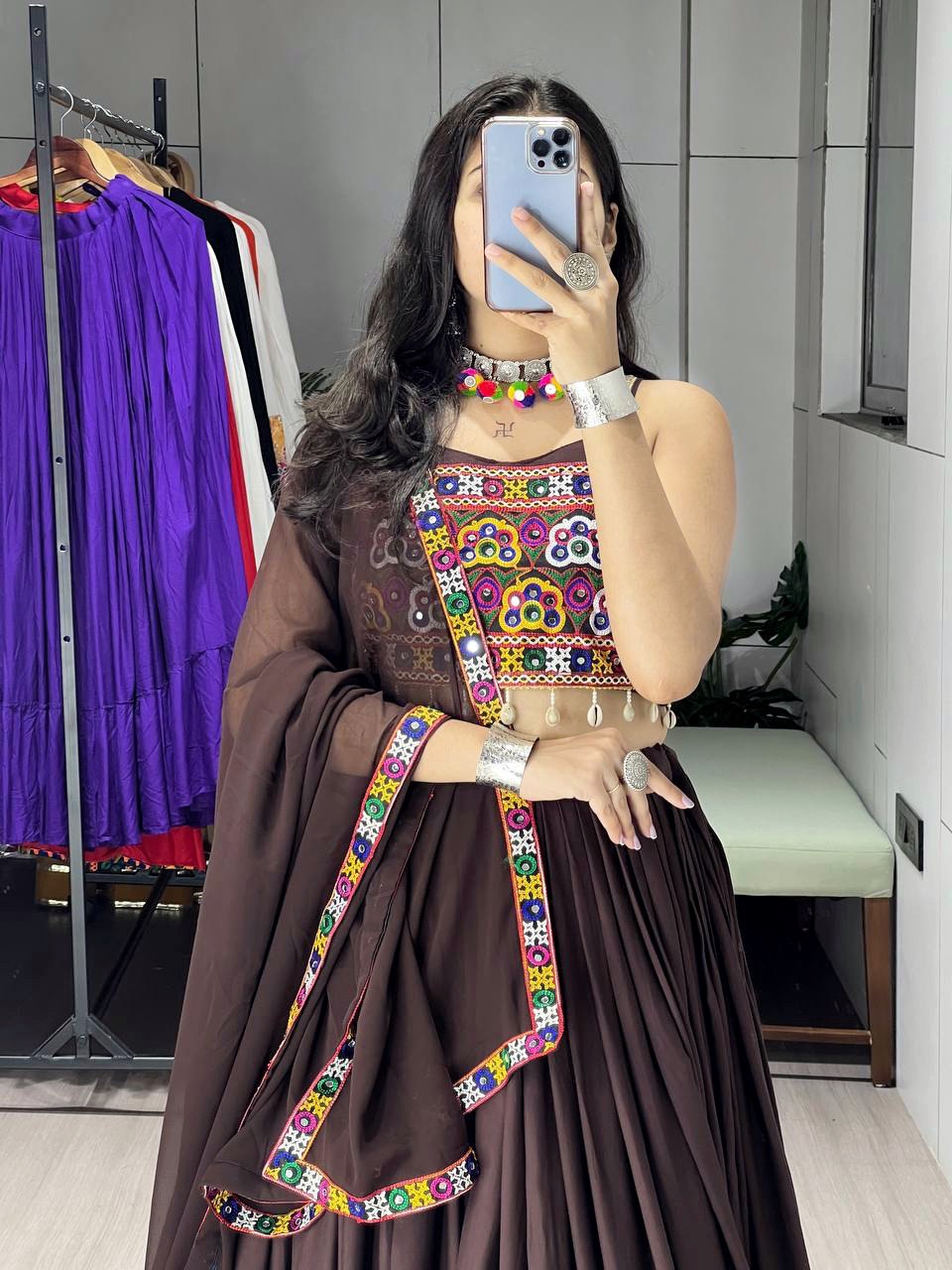 Brown mirror work ghagra choli for garba wear