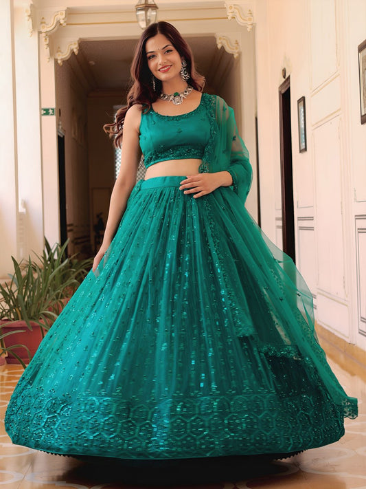 Teal Green Soft Net Sequins Embroidered Lehenga Choli