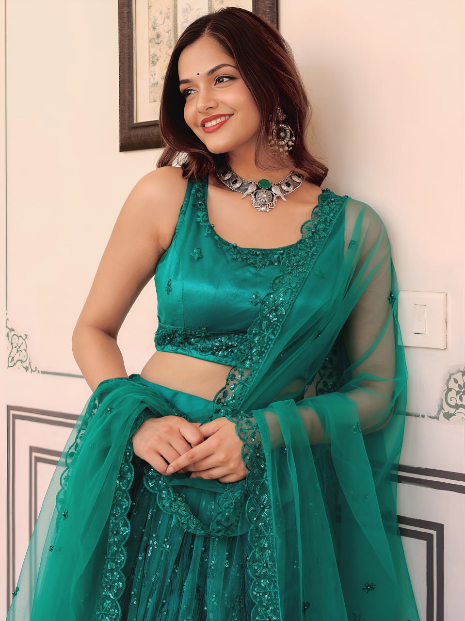 Teal Green Soft Net Sequins Embroidered Lehenga Choli