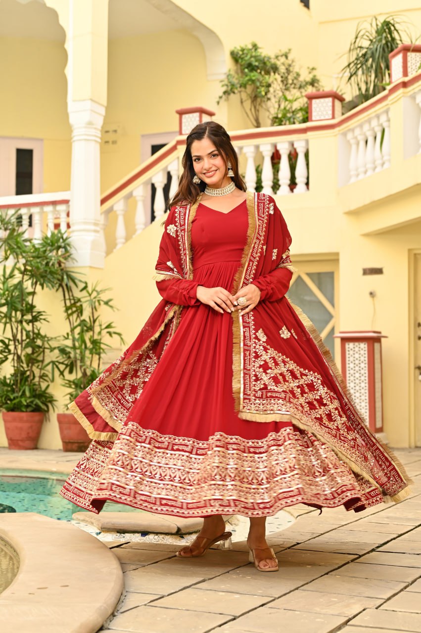 Fantastic Red Color Sequins Embroidered Anarkali Gown