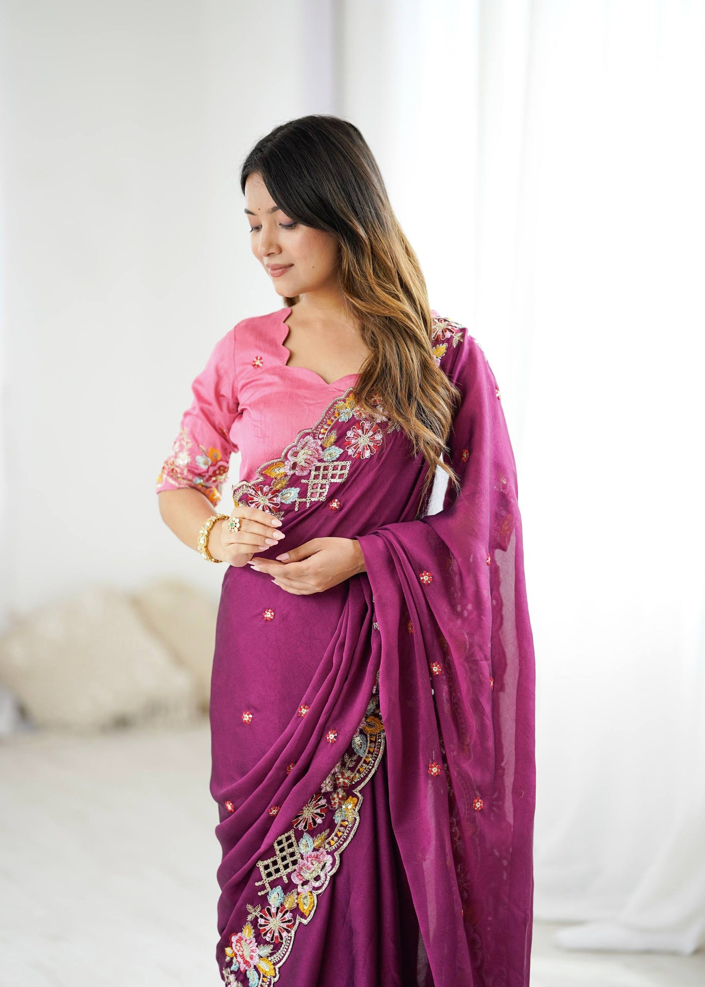 Celebrity Style Purple Color Wedding Wear Saree for Women