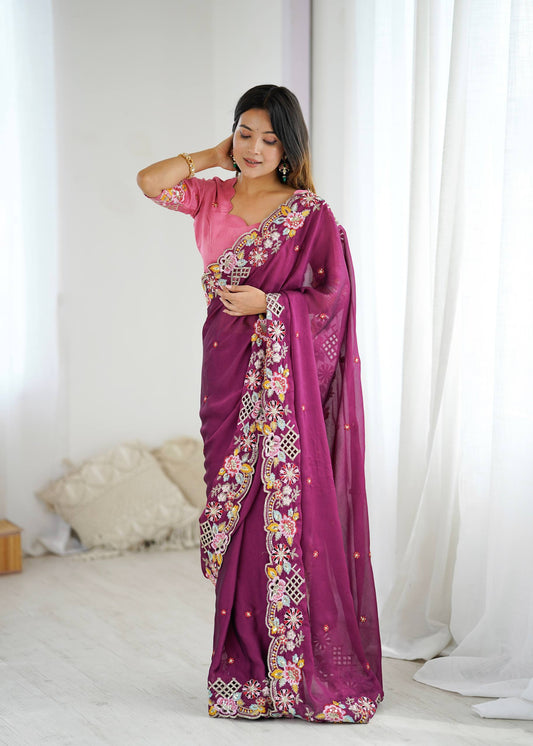 Celebrity Style Purple Color Wedding Wear Saree for Women