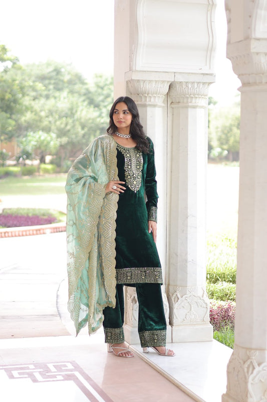 Green Ready to Wear Velvet Salwar Suits for Wedding