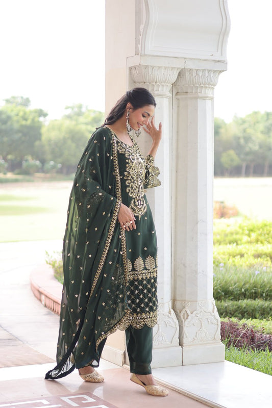 Green Faux Blooming Embroidered Eid Wear Salwar Kameez