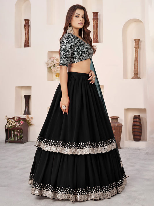 Black Georgette Ruffle Embroidered Sequence Lehenga Choli