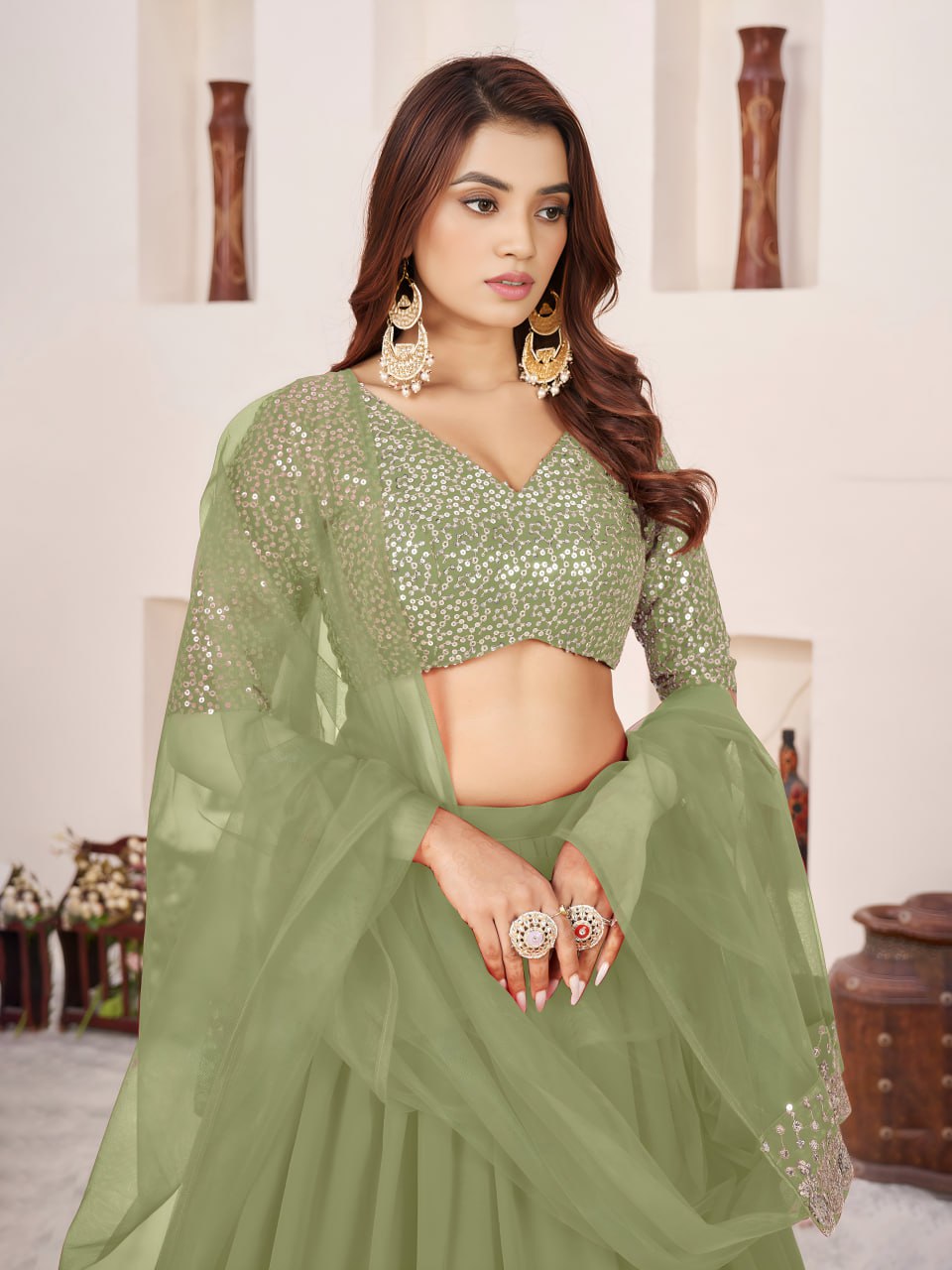Olive Green Georgette Wedding Guest Wear Lehanga Choli