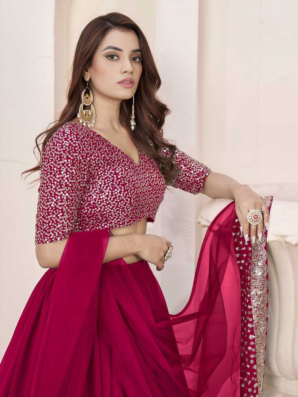 Pink Georgette Sequins Work Ruffle Lehenga Choli for Party