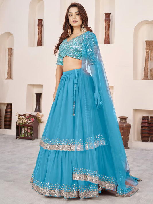 Sky Blue Georgette Lehenga Choli for Wedding Party