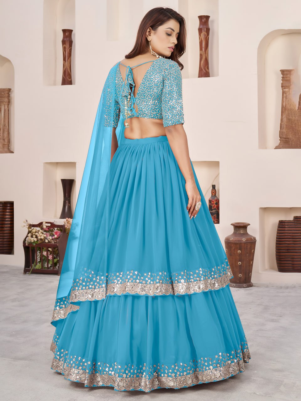 Sky Blue Georgette Lehenga Choli for Wedding Party