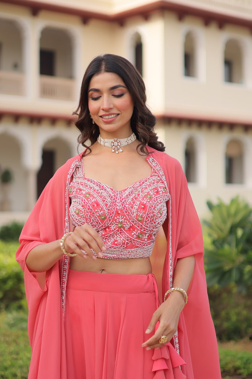 Peach Indo Western Style Lehenga Choli with Shrung