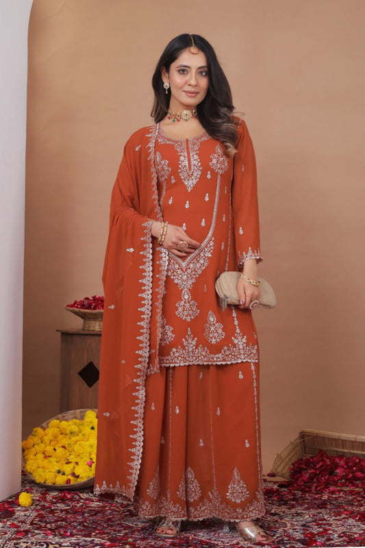 Orange Embroidered Sequins Work Sharara Suits