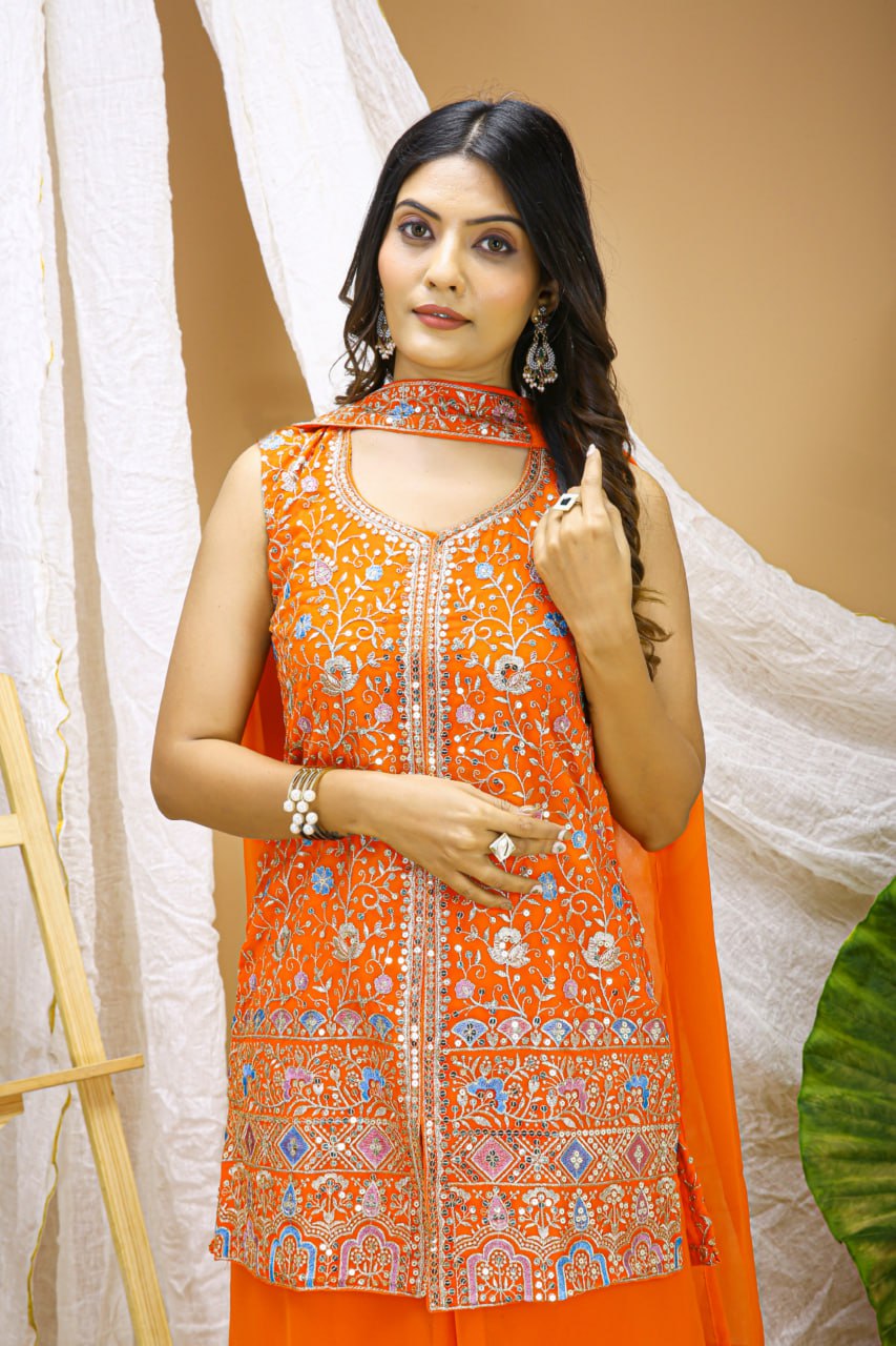 Orange Embroidered Work Sharara Suits for Eid