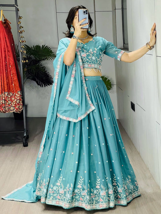 Sky Blue Georgette Ready to Wear Lehenga Choli for Sangeet