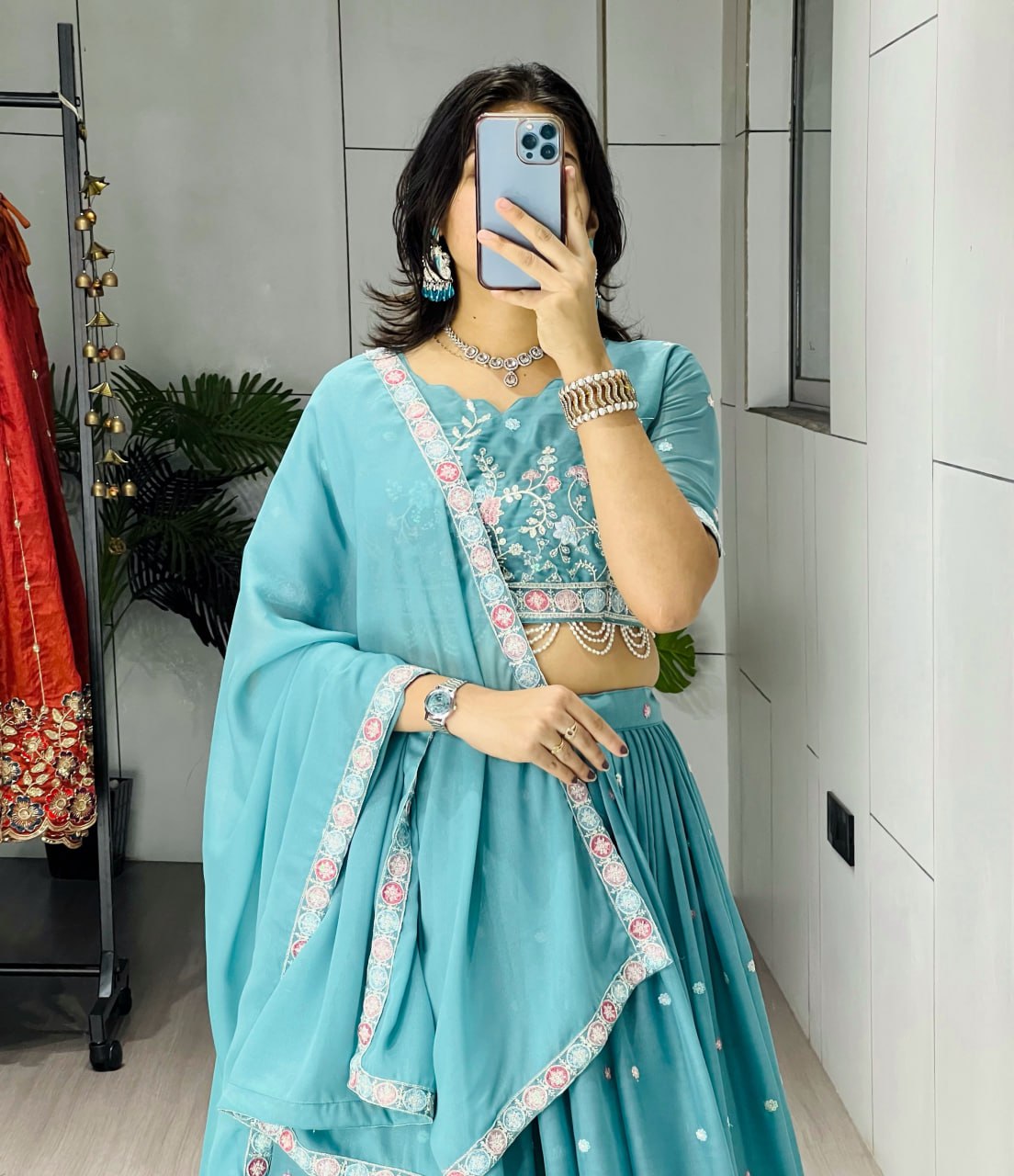 Sky Blue Georgette Ready to Wear Lehenga Choli for Sangeet