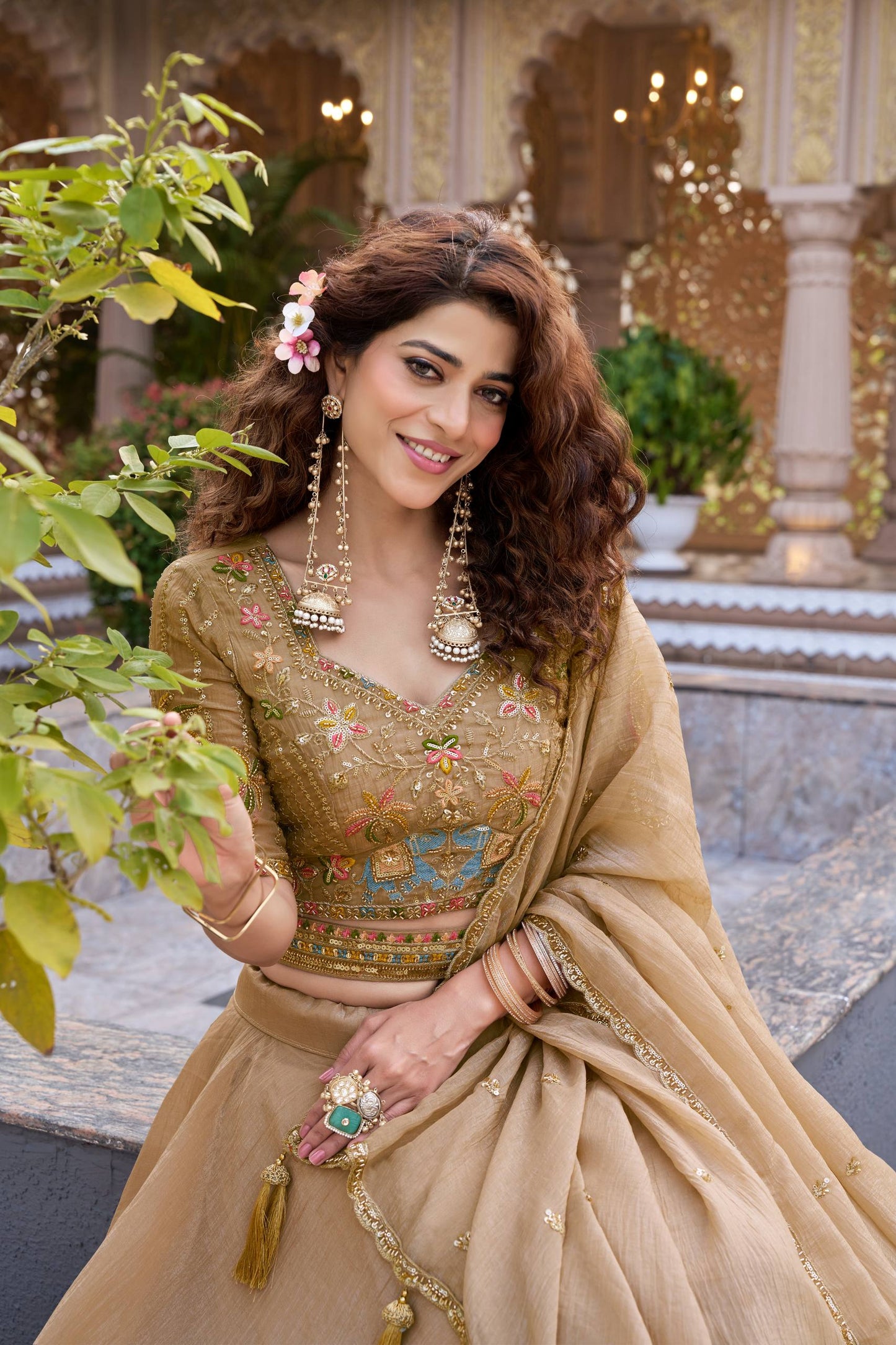 Gold Crunchy Wedding Party Wear Lehenga Choli