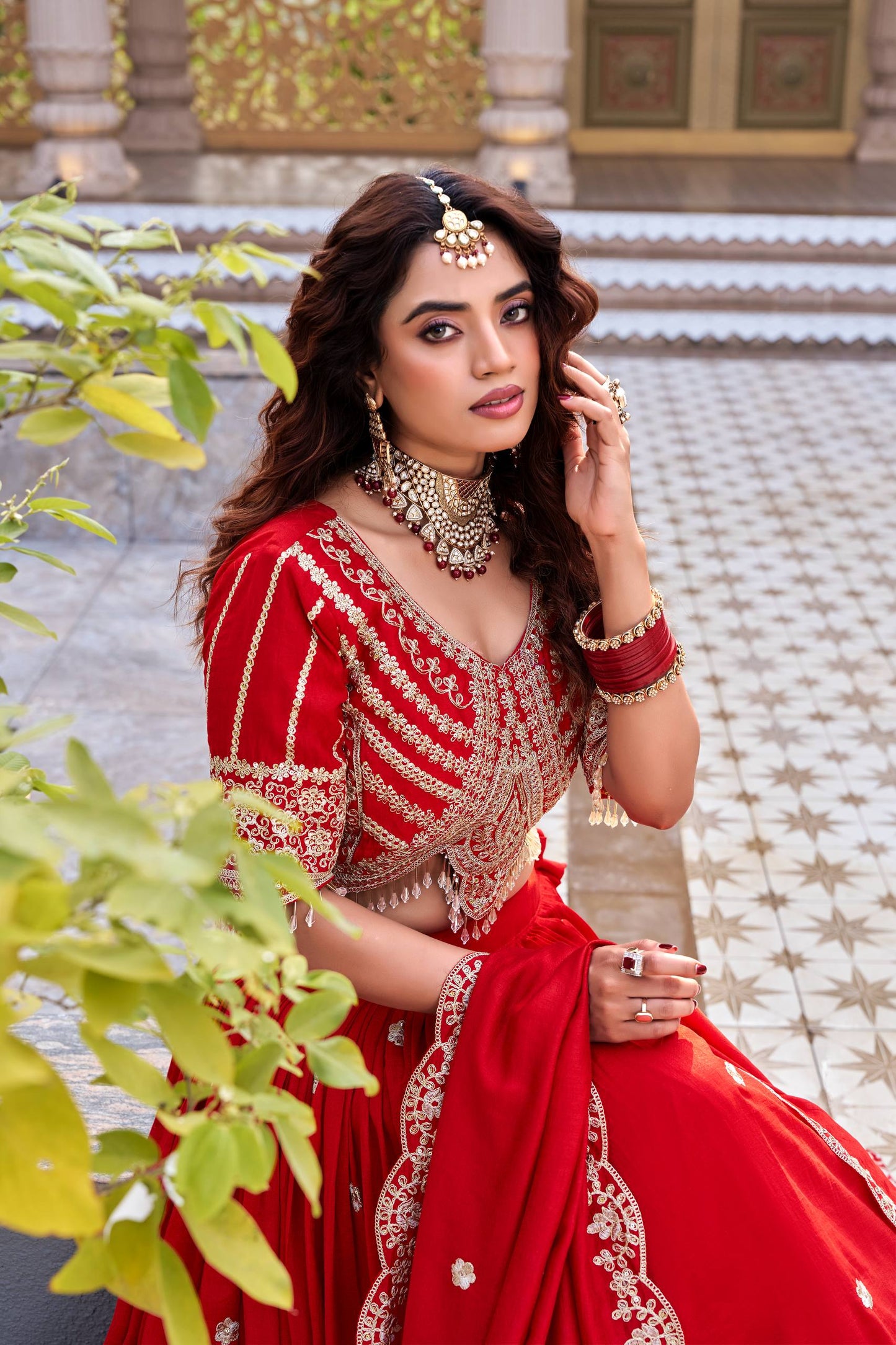 Ready to Wear Red Vichitra Lehenga Choli with Dupttta