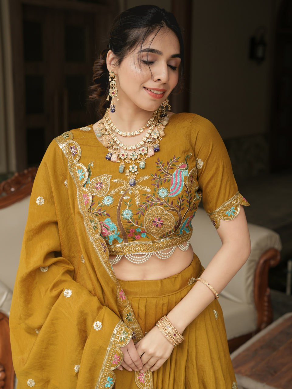 Mustard Vichitra Ready to Wear Lehenga Choli for Wedding