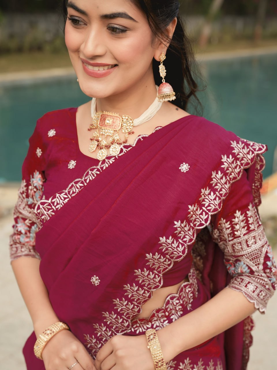 Ready to Wear Burgundy Vichitra Lehenga Choli for Party