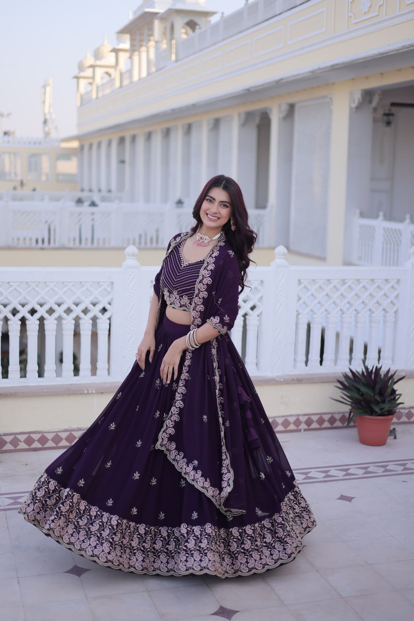 Indian Purple Wedding Guest Embroidered Lehenga Choli