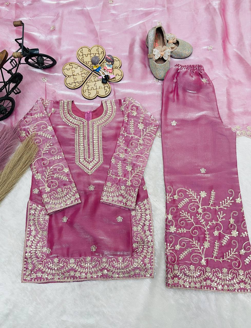Ready to Wear Pink Silk Kids Sharara Suits for Wedding