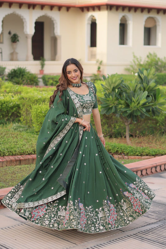 Green Vichitra Silk Embroidered Sequins Lehenga Choli