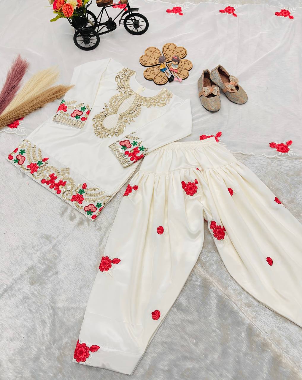 Off White Readymade Kids Salwar Suits for Wedding