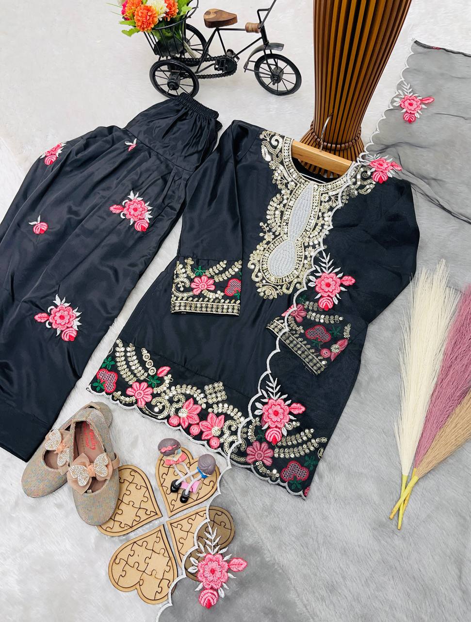 Black Readymade Kids Girls Salwar Suits for Eid