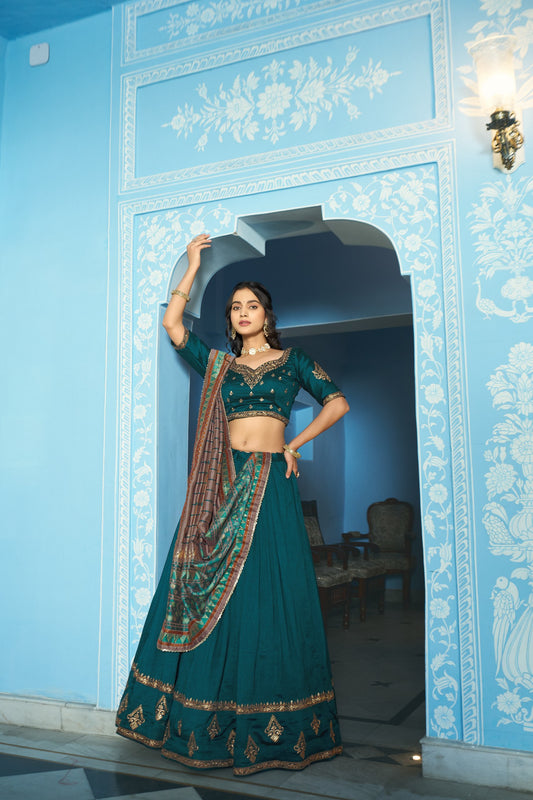 Teal Blue Vichitra Silk Lehenga Choli for Engagement