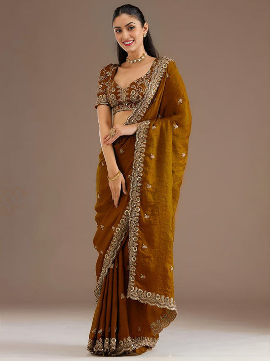 Yellow Gold Tissue Sequins Embroidered Party Wear Saree