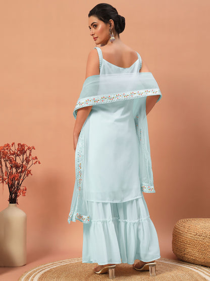 Sky color georgette sharara suit with dupatta 