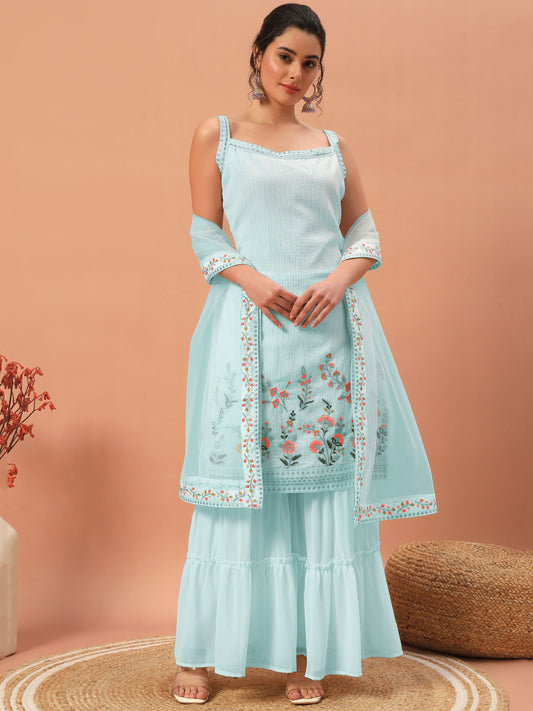 Sky color georgette sharara suit for women
