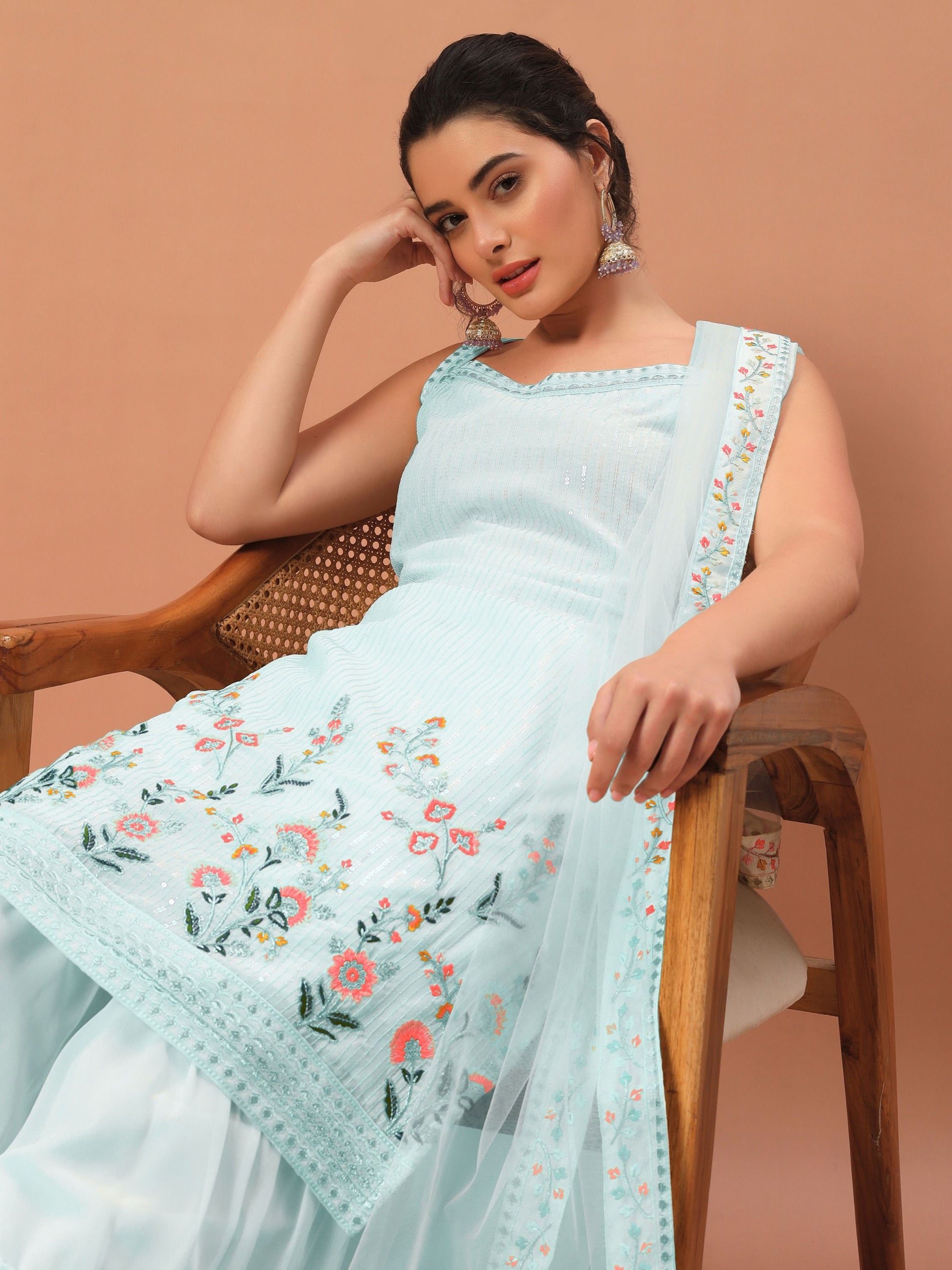 Sky color georgette sharara suit with dupatta online