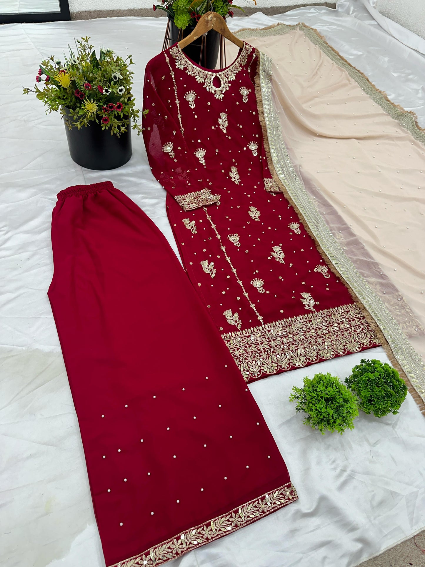Red color georgette plazzo suit with dupatta online