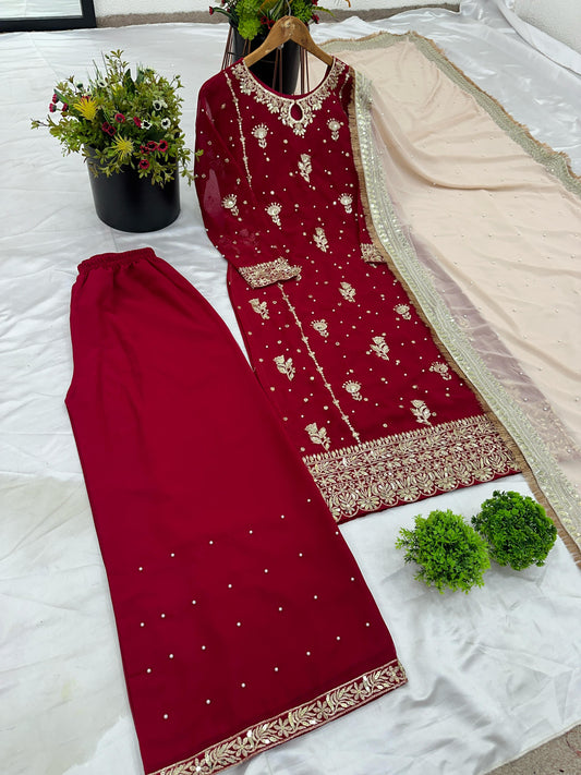 Red color georgette plazzo suit with dupatta online