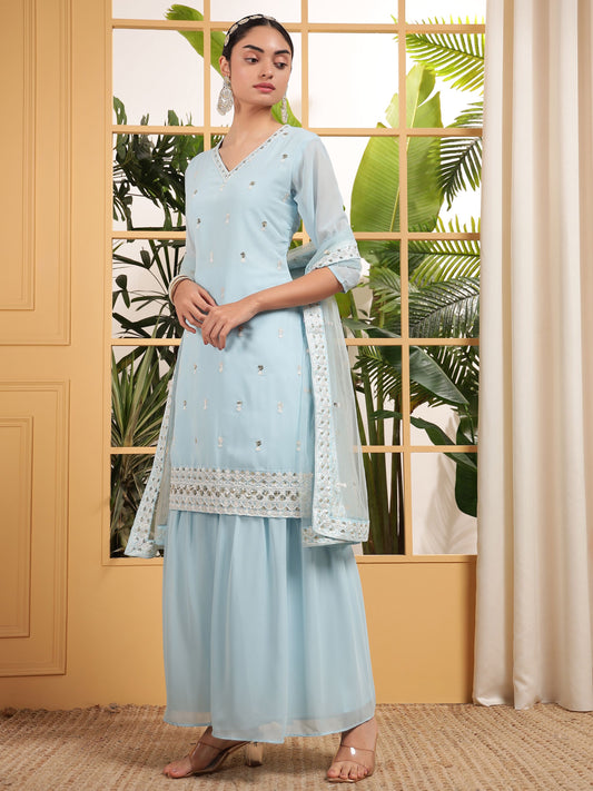 Sky color georgette sharara suit for women