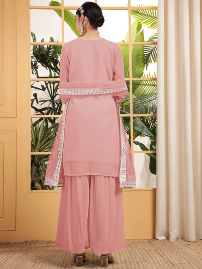 Peach color georgette sharara suit with dupatta price 