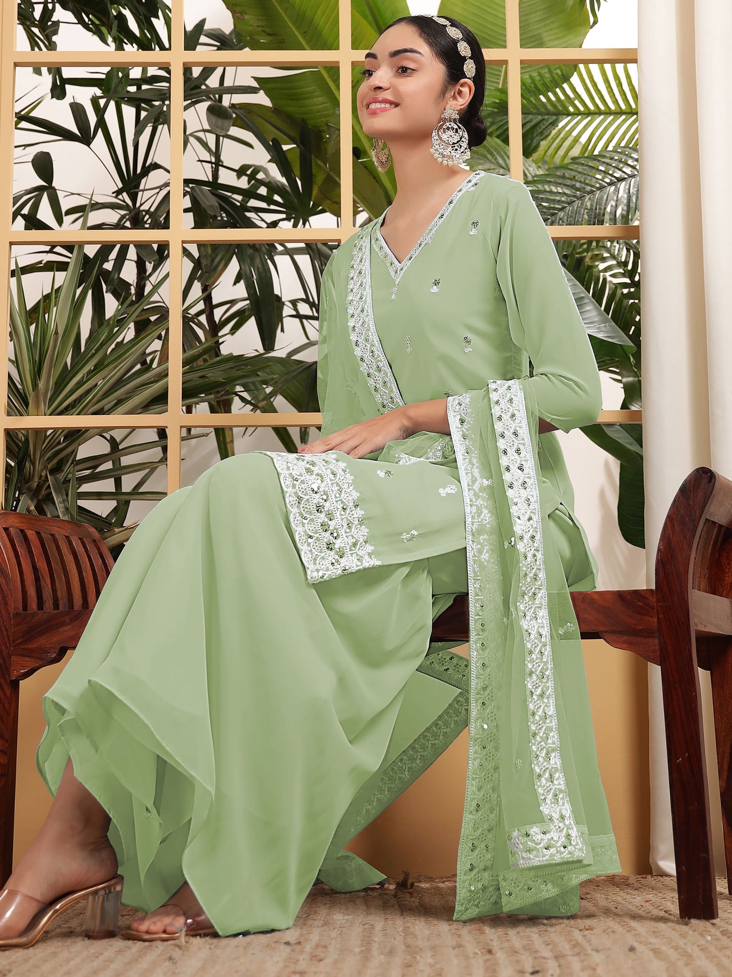 Pista color georgette sharara suit with dupatta online
