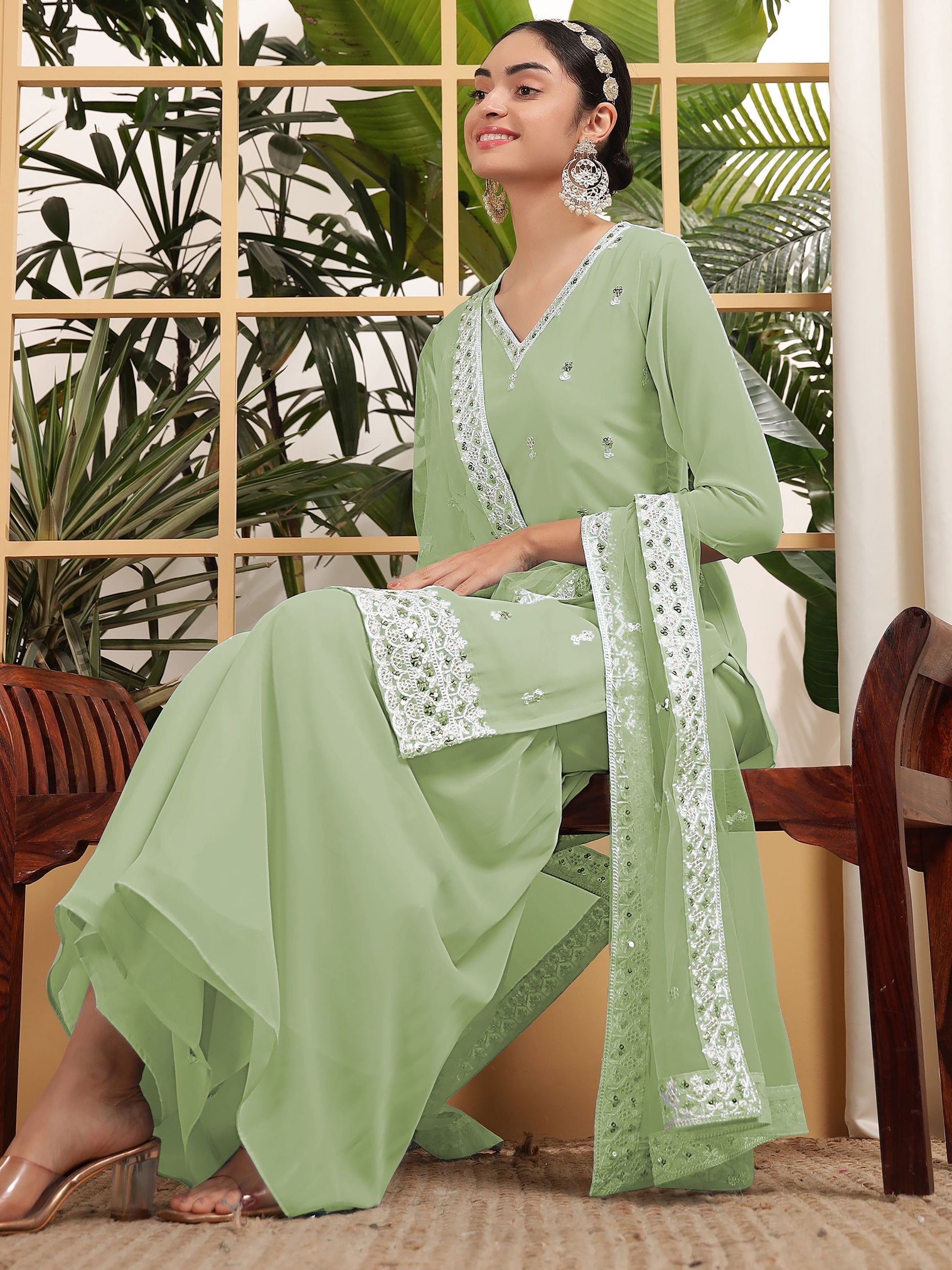 Pista color georgette sharara suit with dupatta online