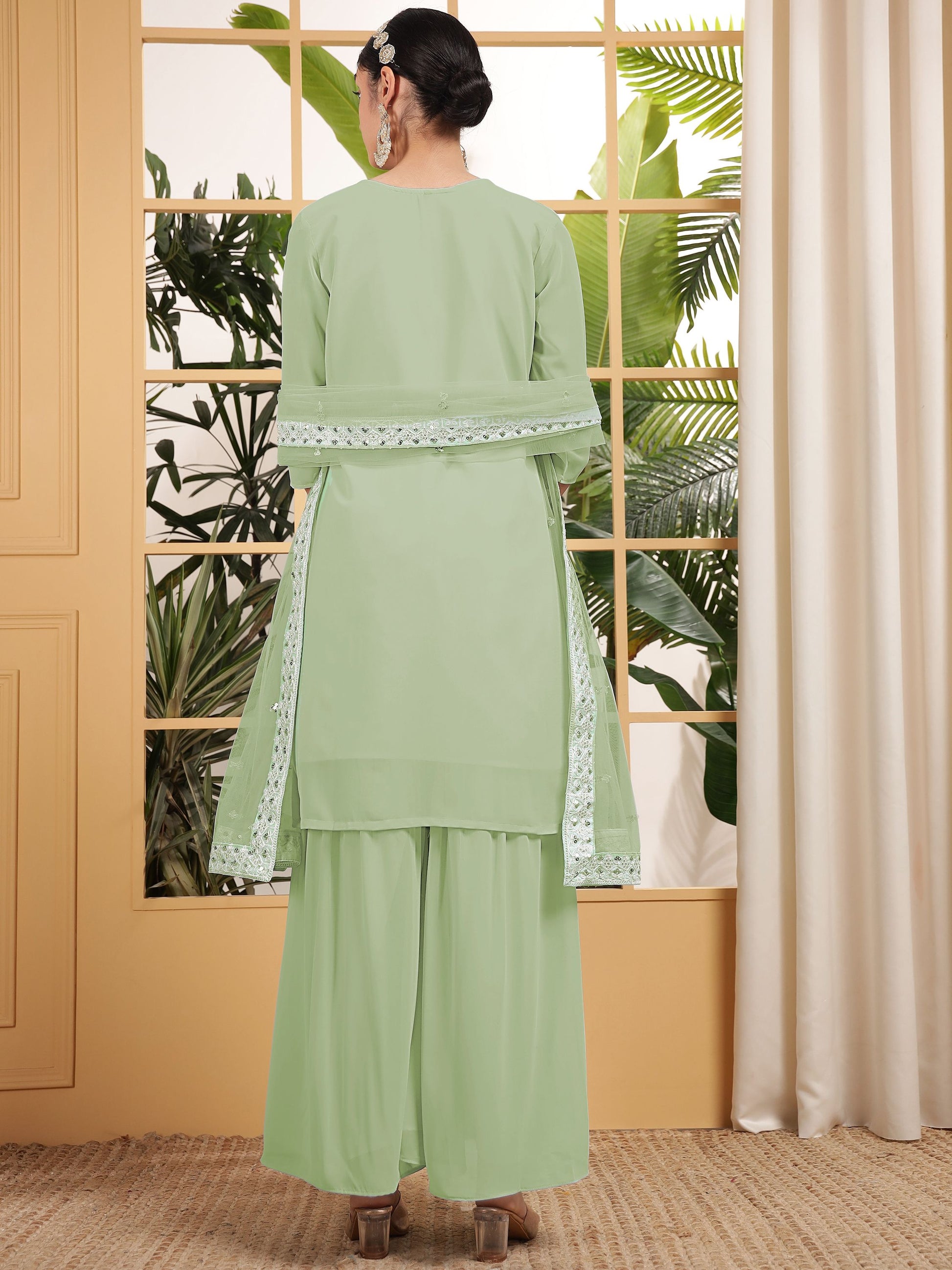 Pista color georgette sharara suit with dupatta price 