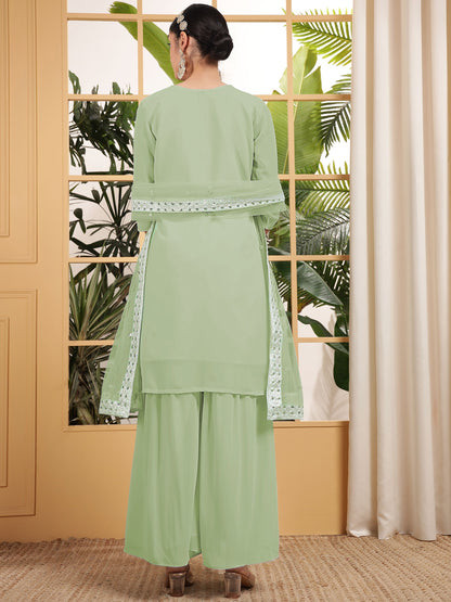 Pista color georgette sharara suit with dupatta price 